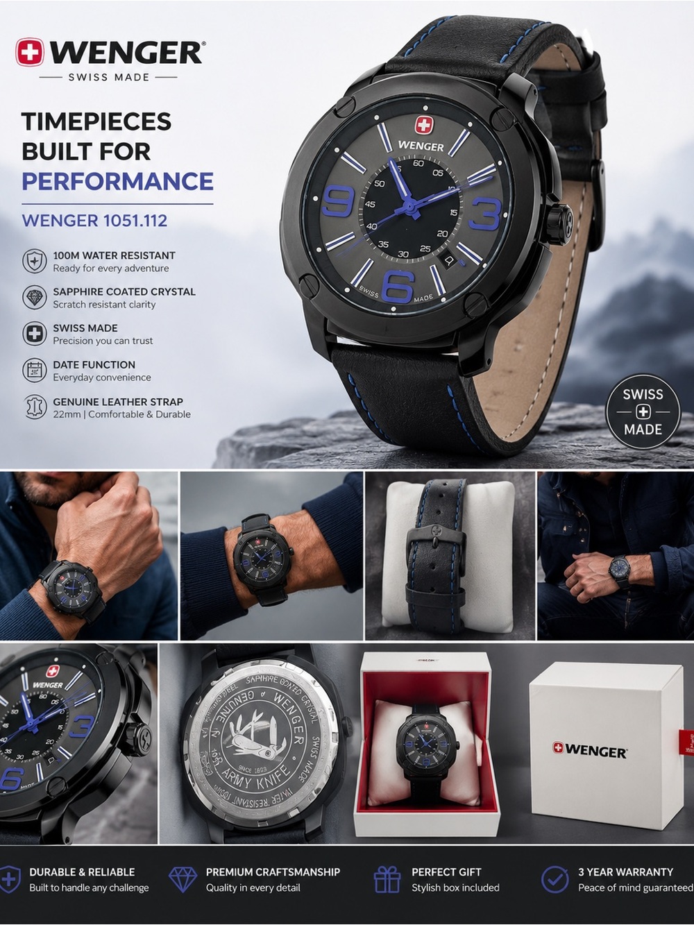 Wenger Black Watch with Blue Accents and Leather Strap